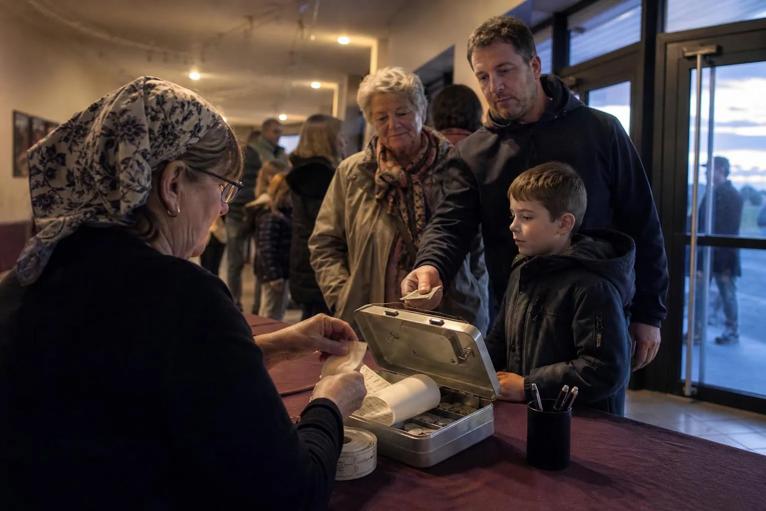 Une bénévole détache un billet d’un carnet à souches derrière une table d’accueil, pendant que des familles patientent à l’entrée de la salle.