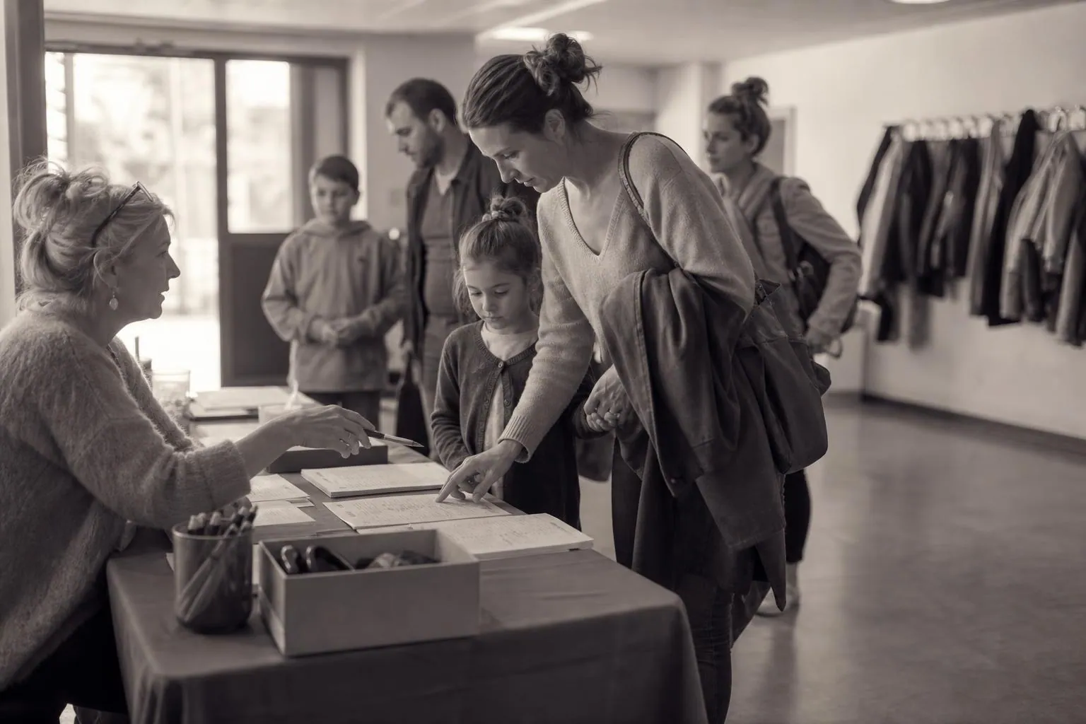 Une bénévole tend un stylo à une mère de famille qui remplit un formulaire d’inscription sur une table installée dans le hall d’un studio de danse.