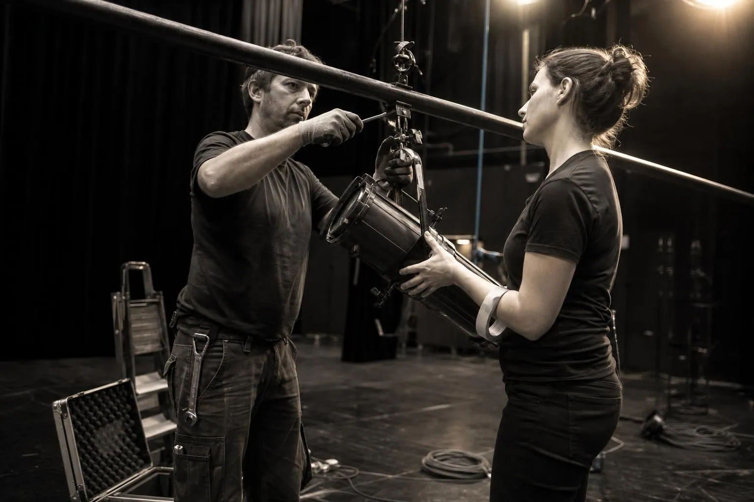 Deux techniciens en haut d’une échelle de scène accrochent un projecteur sur une perche dans une salle de spectacle municipale avant un gala.