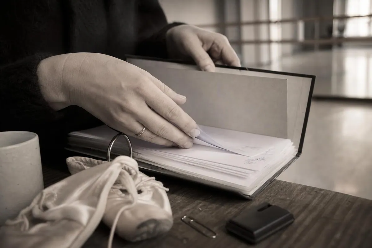 Gros plan de mains classant des feuilles signées dans un classeur à intercalaires posé sur une table de studio de danse, chaussons et barre en arrière-plan